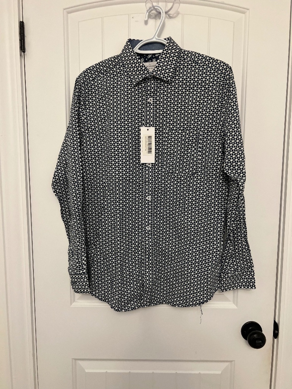 Men's Navy and White Patterned Dress Shirt